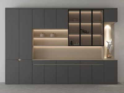 Elegant Modern Gray Wine Cabinet With Glass Doors LED Lighting Shelves 3d model