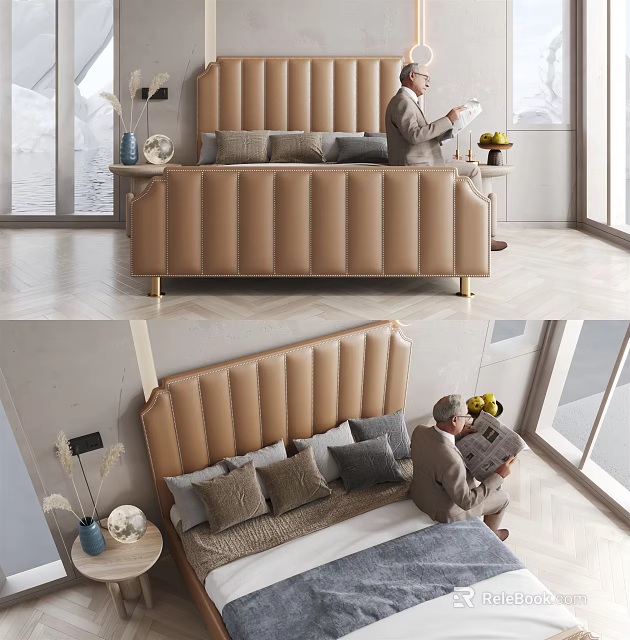 Brown Upholstered Double Bed With Striped Headboard And Decorative Pillows Near Windows 3d model 