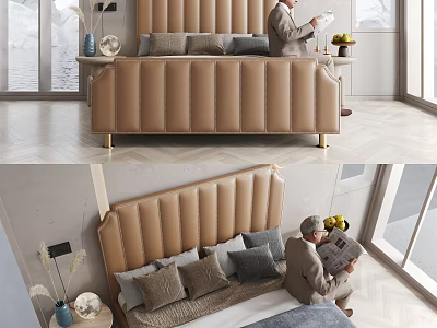 Brown Upholstered Double Bed With Striped Headboard And Decorative Pillows Near Windows 3d model