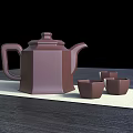 Brown Hexagonal Tea Set With Teapot And Teacups On Wooden Table Mat 3d model