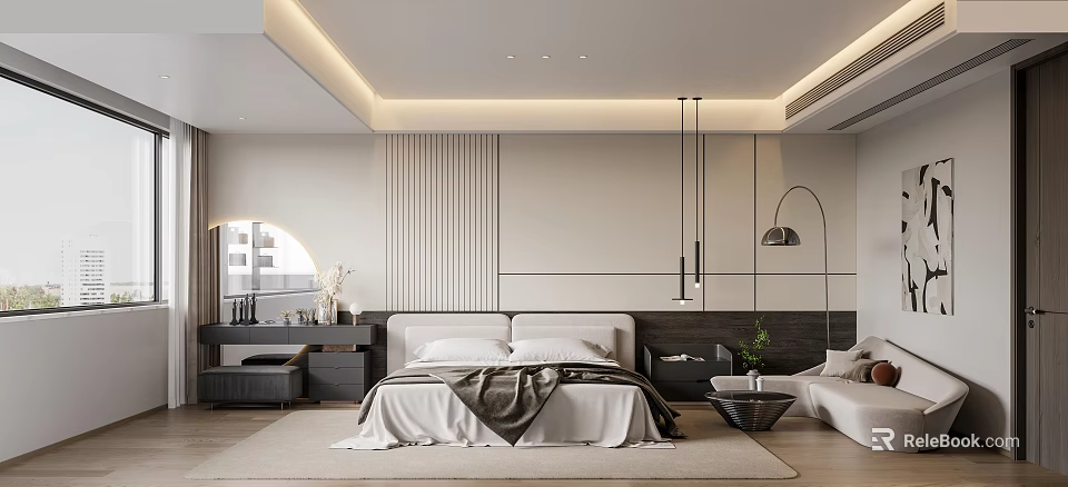 Modern Minimalist Bedroom Interior With Comfortable Bed Pendant Lighting And Side Sofa 3d model