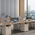 Modern Public Office Area Interior With Long Desks Computers Gray Chairs And City View Windows