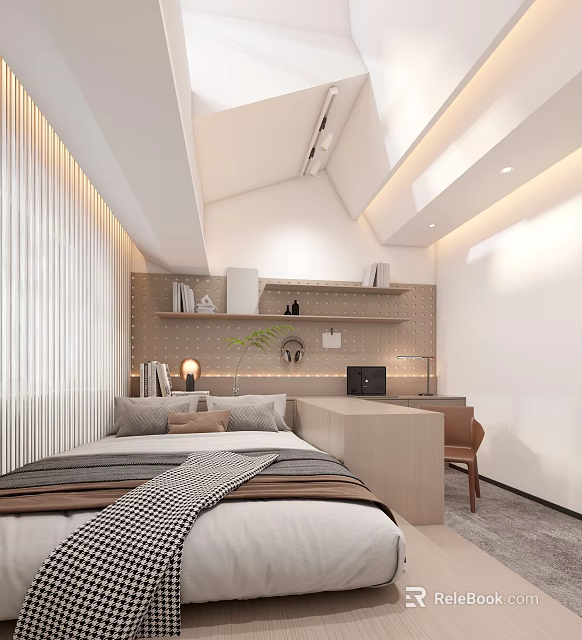 Tatami Bedroom Interior Design With Wall Shelves Desk Soft Lighting And Decorative Items 3d model 