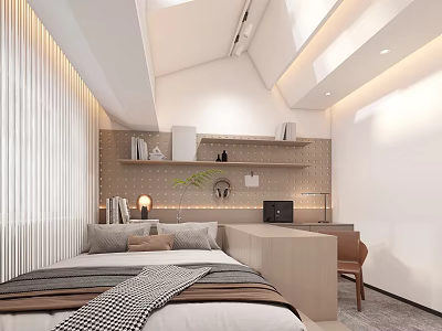 Tatami Bedroom Interior Design With Wall Shelves Desk Soft Lighting And Decorative Items 3d model