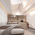 Tatami Bedroom Interior Design With Wall Shelves Desk Soft Lighting And Decorative Items