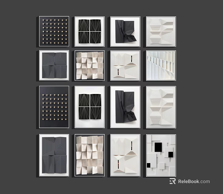 Black And White Geometric Pattern Artworks Arranged In Grid Wall Decor 3d model 
