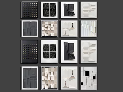 Black And White Geometric Pattern Artworks Arranged In Grid Wall Decor 3d model