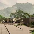 Courtyard Garden With Wooden Deck Outdoor Table Chairs Green Plants And Mountain View