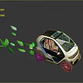 Small Modern Electric Car With Open Door And Green Leaves Trail At Rear