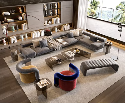 Luxury Modern Living Room Interior With Gray Sofa Coffee Table Set Accent Chairs And Bench 3d model
