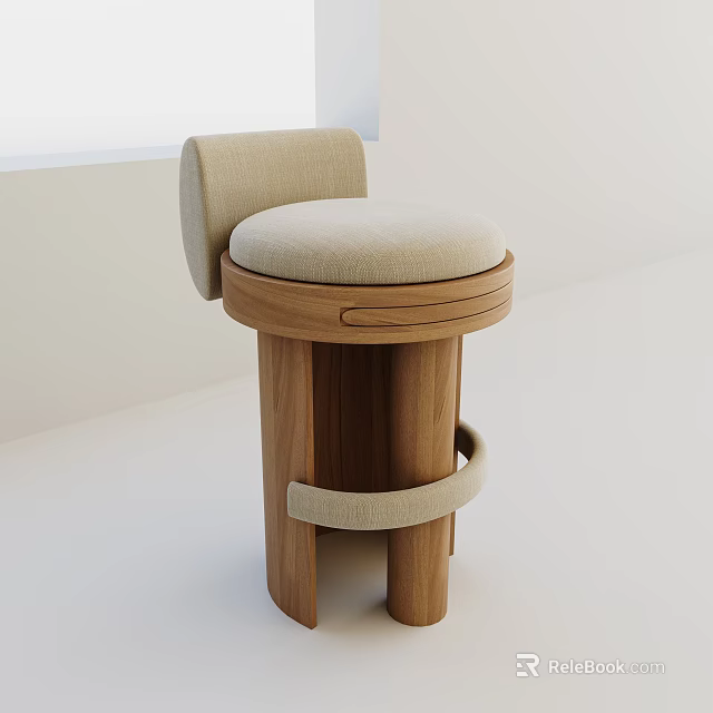 Modern Bar Stool With Wooden Base And Upholstered Beige Curved Seat Backrest 3d model 