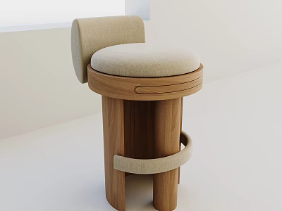 Modern Bar Stool With Wooden Base And Upholstered Beige Curved Seat Backrest 3d model