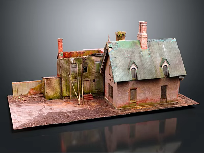 Cartoon Scene Of Old House Model With Green Roof Chimneys Broken Walls And Muddy Ground 3d model