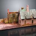 Cartoon Scene Of Old House Model With Green Roof Chimneys Broken Walls And Muddy Ground