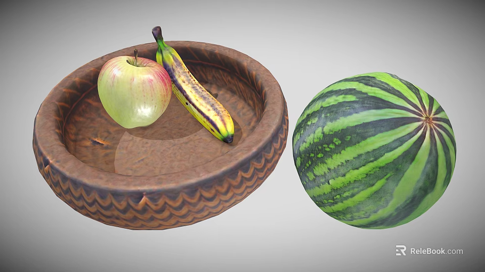 Fresh Fruits Including Apple Banana and Watermelon in Woven Textured Bowl 3d model 