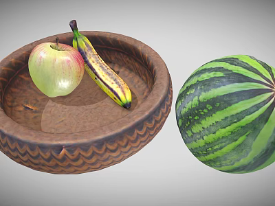 Fresh Fruits Including Apple Banana and Watermelon in Woven Textured Bowl 3d model