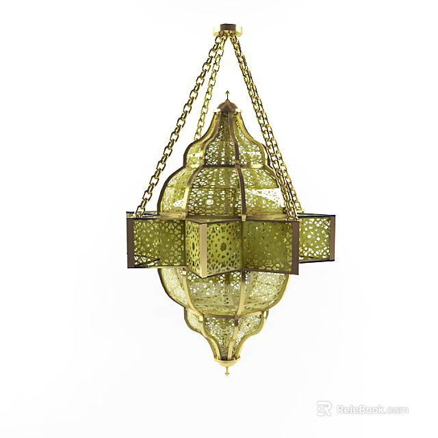 Moroccan Style Brass Chandelier with Intricate Cutout Patterns and Chain Suspension Design 3d model 