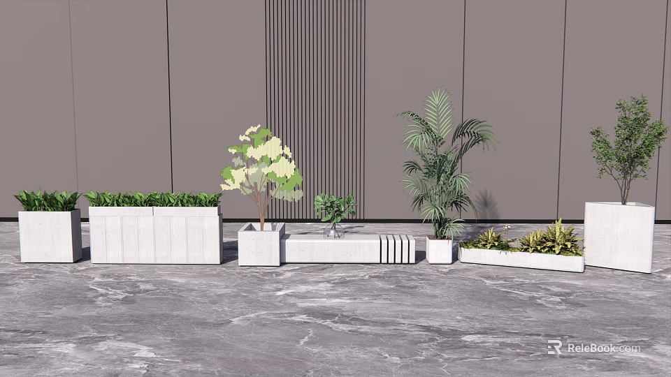 Bonsai and Potted Plants with Various Greenery in White Planters on Marble Floor 3d model 