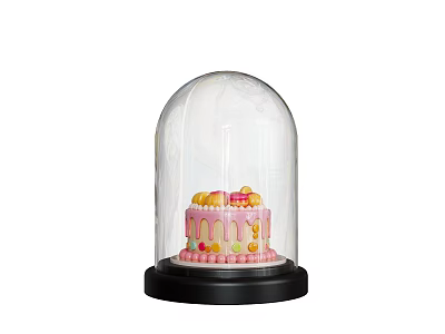 Colorful Decorated Cake With Pastel Frosting Under Clear Glass Dome On Black Base 3d model