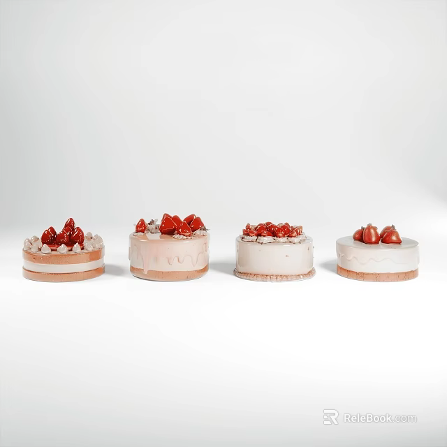 Delicious Four Strawberry Cakes With Cream Layers And Fresh Red Toppings On White Background 3d model 