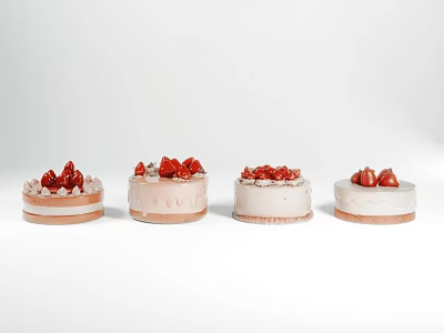 Delicious Four Strawberry Cakes With Cream Layers And Fresh Red Toppings On White Background 3d model