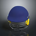 Blue Sports Helmet With Yellow Ear Guards And Metal Face Grill