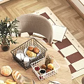 Cozy Wooden Round Dining Table With Chairs Near Window Side Bread Fruits And Metal Baskets