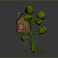 Cute Squirrel in Cozy Treehouse with Green Leafy Tree Brown Ladder and Gray Background 3d model