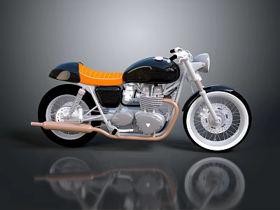 Classic Vintage Motorcycle With Black Body Orange Seat White Wheels And Shiny Exhaust System 3d model