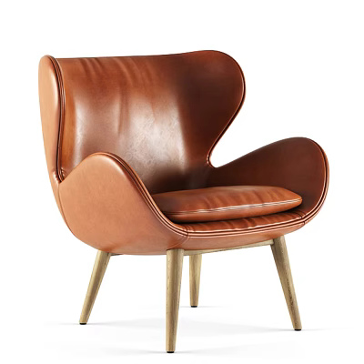 Brown Leather Leisure Chair with Curved Design and Golden Metal Legs 3d model
