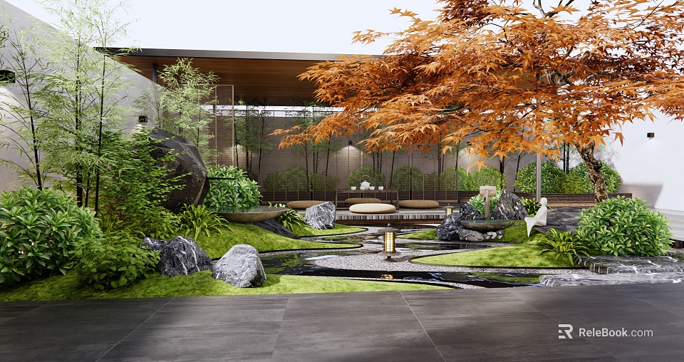 Karesansui Dry Landscape Zen Garden with Stones Moss and Raked Sand Patterns Design 3d model 