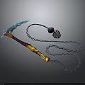Ornate Fantasy Weapon With Blue Blade Colorful Handle Golden Accents Chain And Decorative Pendant