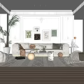 Elegant Modern Living Room Interior Design With White Walls Framed Artworks Sofa And Potted Plants