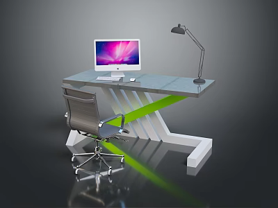 Modern Glass Office Desk With Computer Monitor Desk Lamp And Office Chair 3d model