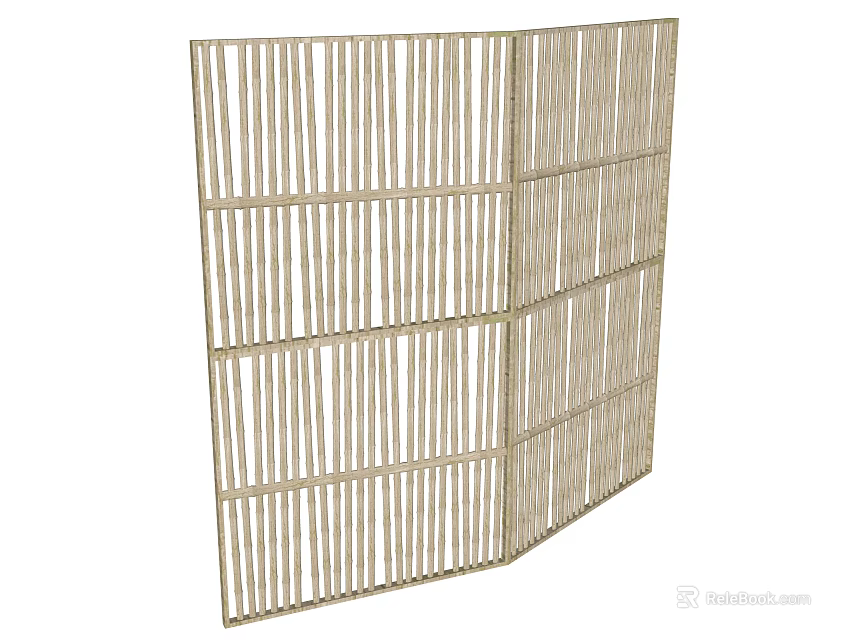 Natural Bamboo Folding Room Divider With Vertical Slats And Decorative Panels 3d model 