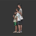 Three Children Standing Together With Gray Background Black Floor And Reflection