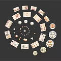 Assorted Foods Arranged in Circle on Wooden Trays and Plates Including Sushi Fruits Desserts