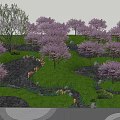 Scenic Park Landscape With Cherry Blossom Trees Lush Green Lawn And Small Stream Stones