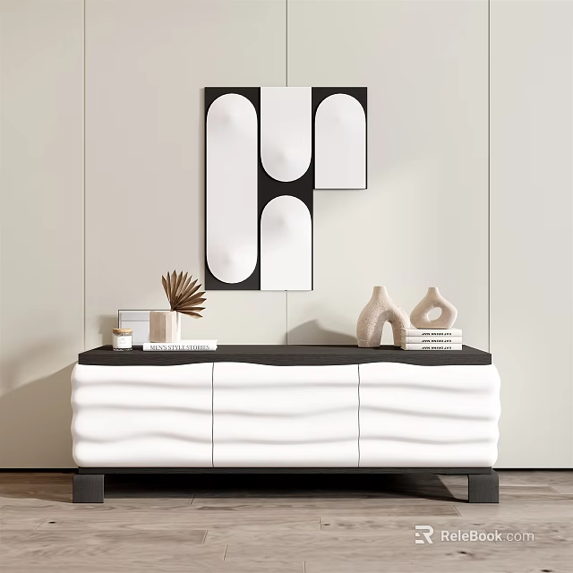 Modern Entryway Console Table With Black White Wavy Design And Vases Books Dried Plant Decor 3d model 