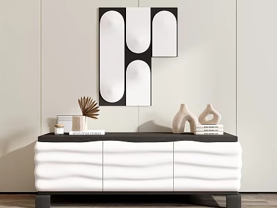 Modern Entryway Console Table With Black White Wavy Design And Vases Books Dried Plant Decor 3d model