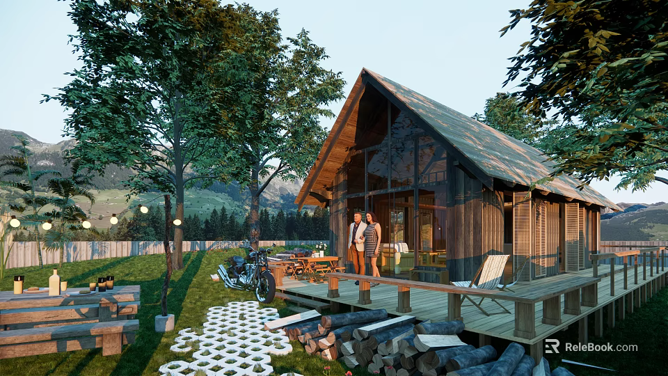 Scenic Wooden Cabin with Gabled Roof Trees Lawn and Wooden Deck by Mountains 3d model 