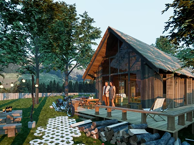 Scenic Wooden Cabin with Gabled Roof Trees Lawn and Wooden Deck by Mountains 3d model