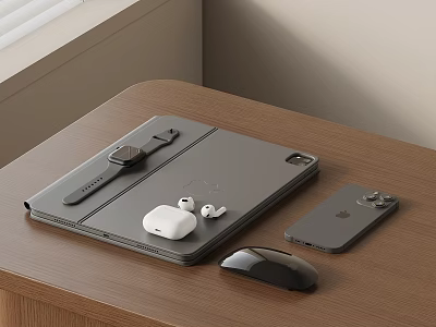 Modern Office Desktop With Essential Electronics Tablet Smartphone Mouse And Earbuds 3d model