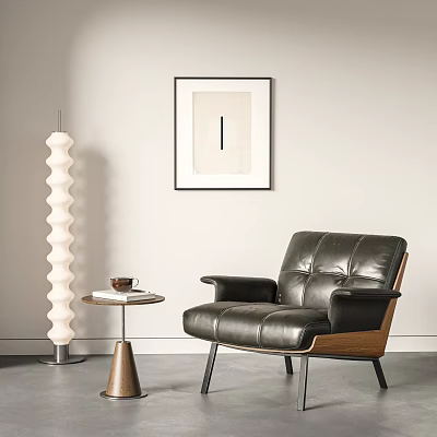 Modern Leather Lounge Chair With Side Table Coffee Mug Floor Lamp And Wall Artwork 3d model
