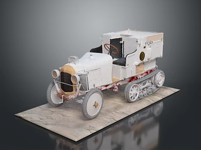 Vintage White Tracked Vehicle Model With Wooden Details And Display Base On Gray Background 3d model
