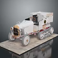 Vintage White Tracked Vehicle Model With Wooden Details And Display Base On Gray Background