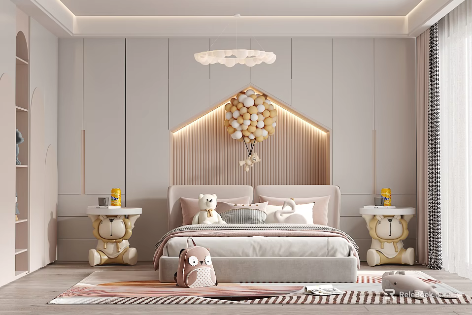 Soft Tones Kids Room Interior With Cloud Chandelier Stuffed Toys Bed And Teddy Nightstands 3d model 