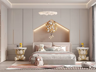 Soft Tones Kids Room Interior With Cloud Chandelier Stuffed Toys Bed And Teddy Nightstands 3d model
