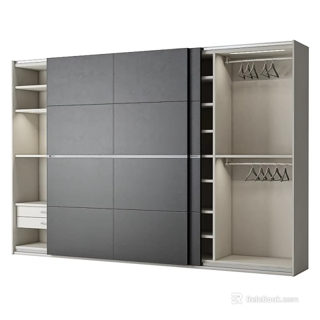 Modern Sliding Door Wardrobe with Internal Shelves Hanging Rods and Storage Compartments 3d model 