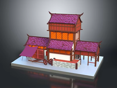 Cartoon Scene Of Traditional Chinese Architecture With Red Roofs Purple Tiles And Curved Eaves 3d model